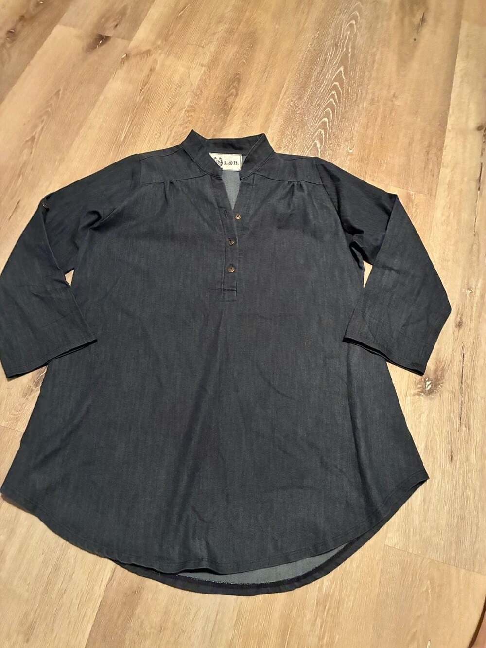 L&B Dark Denim Button Front Tunic Top with 3/4 Sleeves